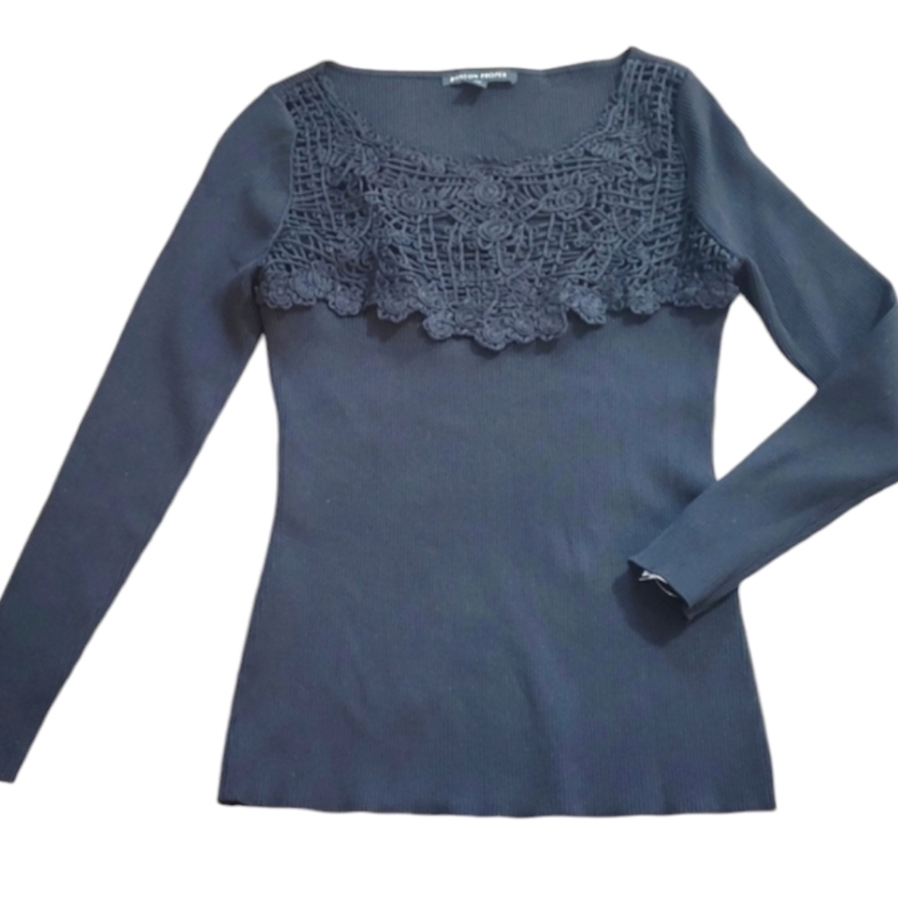 Boston Proper Black Ribbed Knit Sweater Crochet Lace Neckline Sz M - Picture 4 of 13